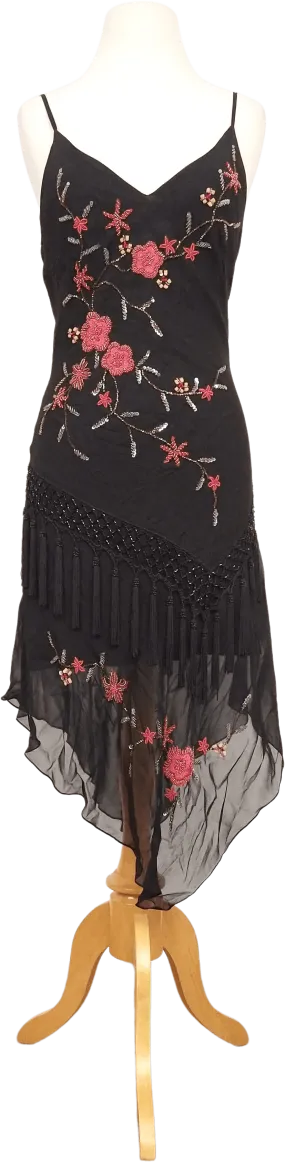 00's Sexy Black Tassel Fringe Embroidered Silk Slip Dress by Sue Wong