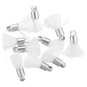 10mm White Fabric Tassel with Silver Cap (10 Pieces)