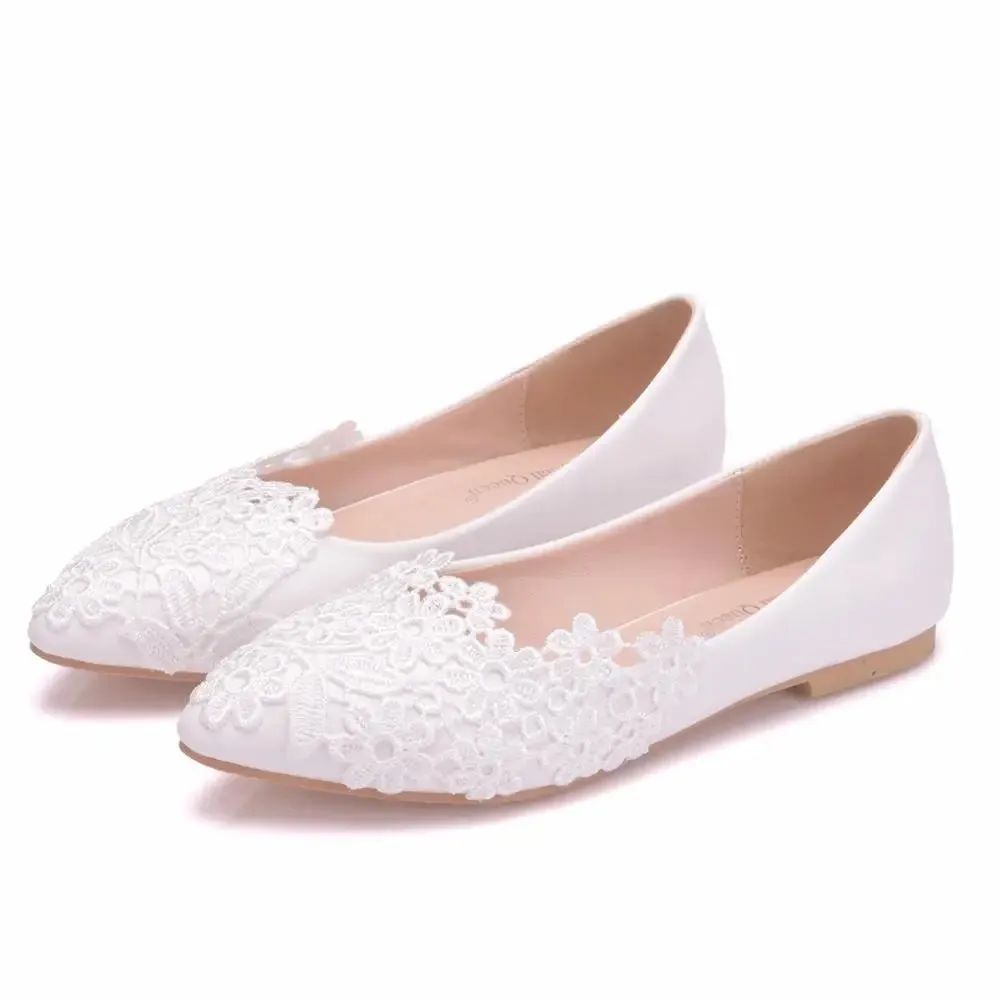 2023 Summer Ballet Flats White Lace Bride Wedding Shoes Flat Low Heel Casual Without Heels Women Dress Pumps Sweet 43 Loafers