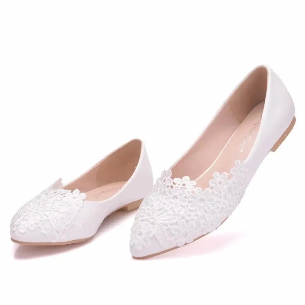 2023 Summer Ballet Flats White Lace Bride Wedding Shoes Flat Low Heel Casual Without Heels Women Dress Pumps Sweet 43 Loafers