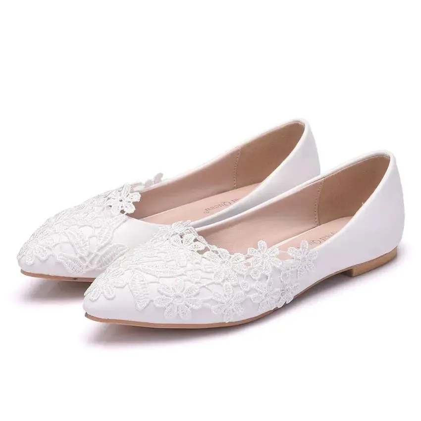 2023 Summer Ballet Flats White Lace Bride Wedding Shoes Flat Low Heel Casual Without Heels Women Dress Pumps Sweet 43 Loafers