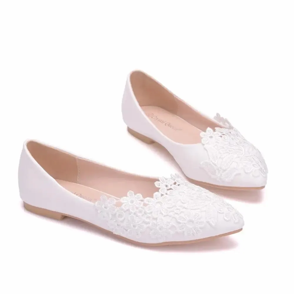 2023 Summer Ballet Flats White Lace Bride Wedding Shoes Flat Low Heel Casual Without Heels Women Dress Pumps Sweet 43 Loafers