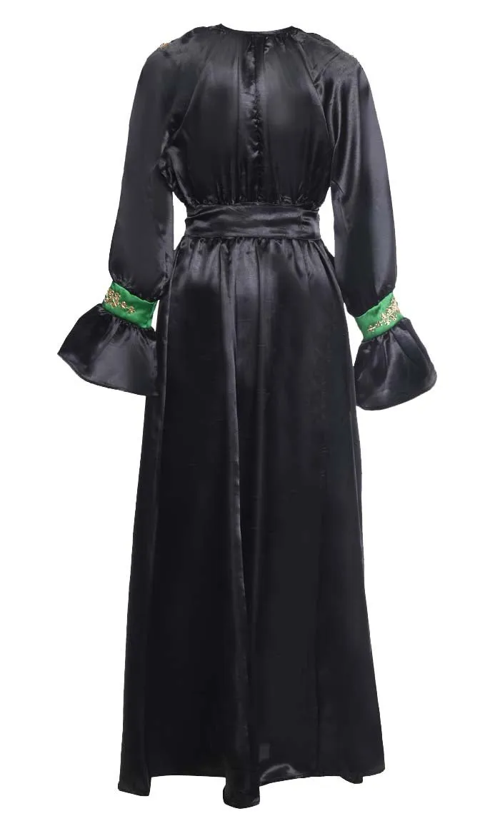 Beautiful Black Satin Embroidered Detailing Abaya With Tassels And Loose Belt