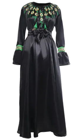 Beautiful Black Satin Embroidered Detailing Abaya With Tassels And Loose Belt