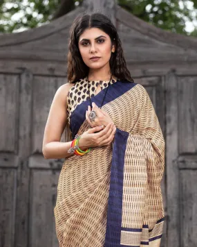 Beige And Navy Blue Stripes Pattern Digital Print Heritage Art Silk Saree With Tassels