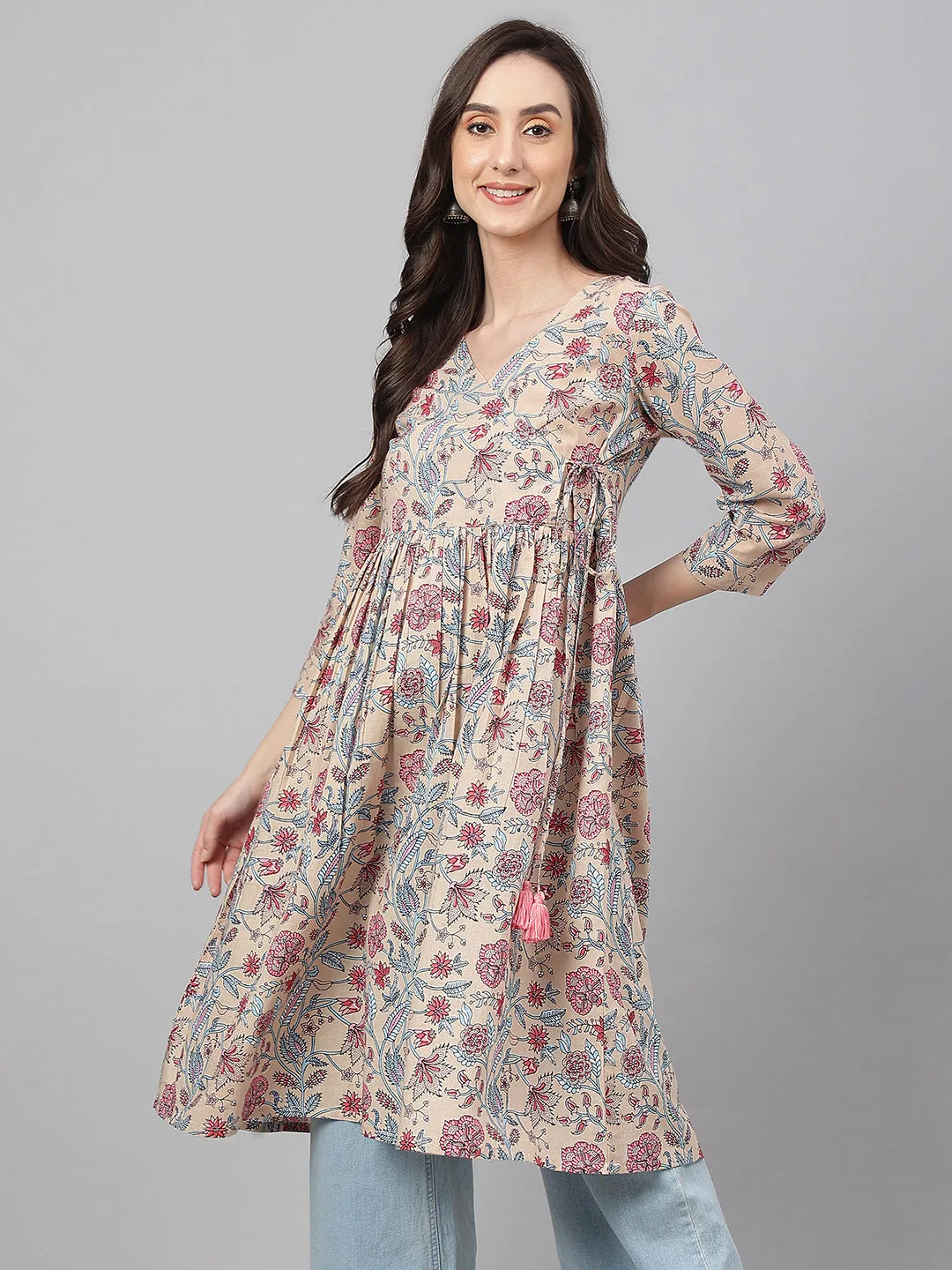 Beige Cotton Floral Print Angrakha Kurta