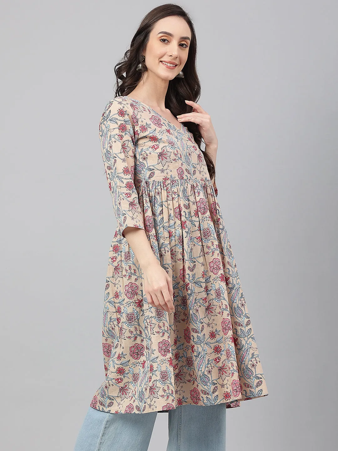 Beige Cotton Floral Print Angrakha Kurta