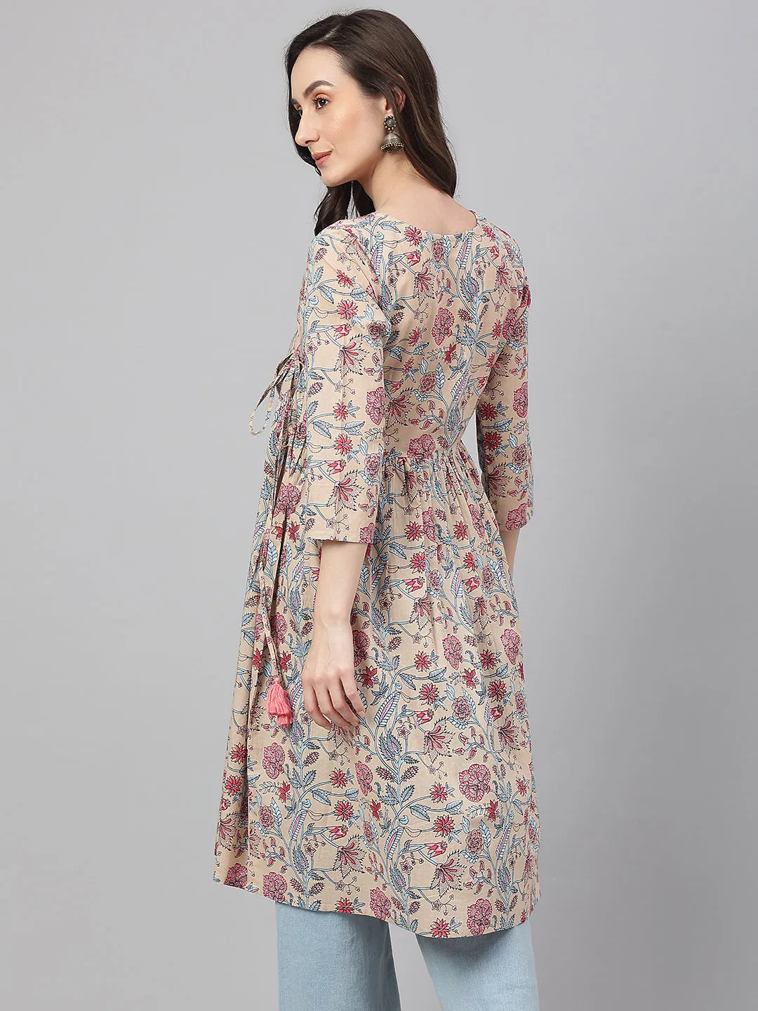 Beige Cotton Floral Print Angrakha Kurta