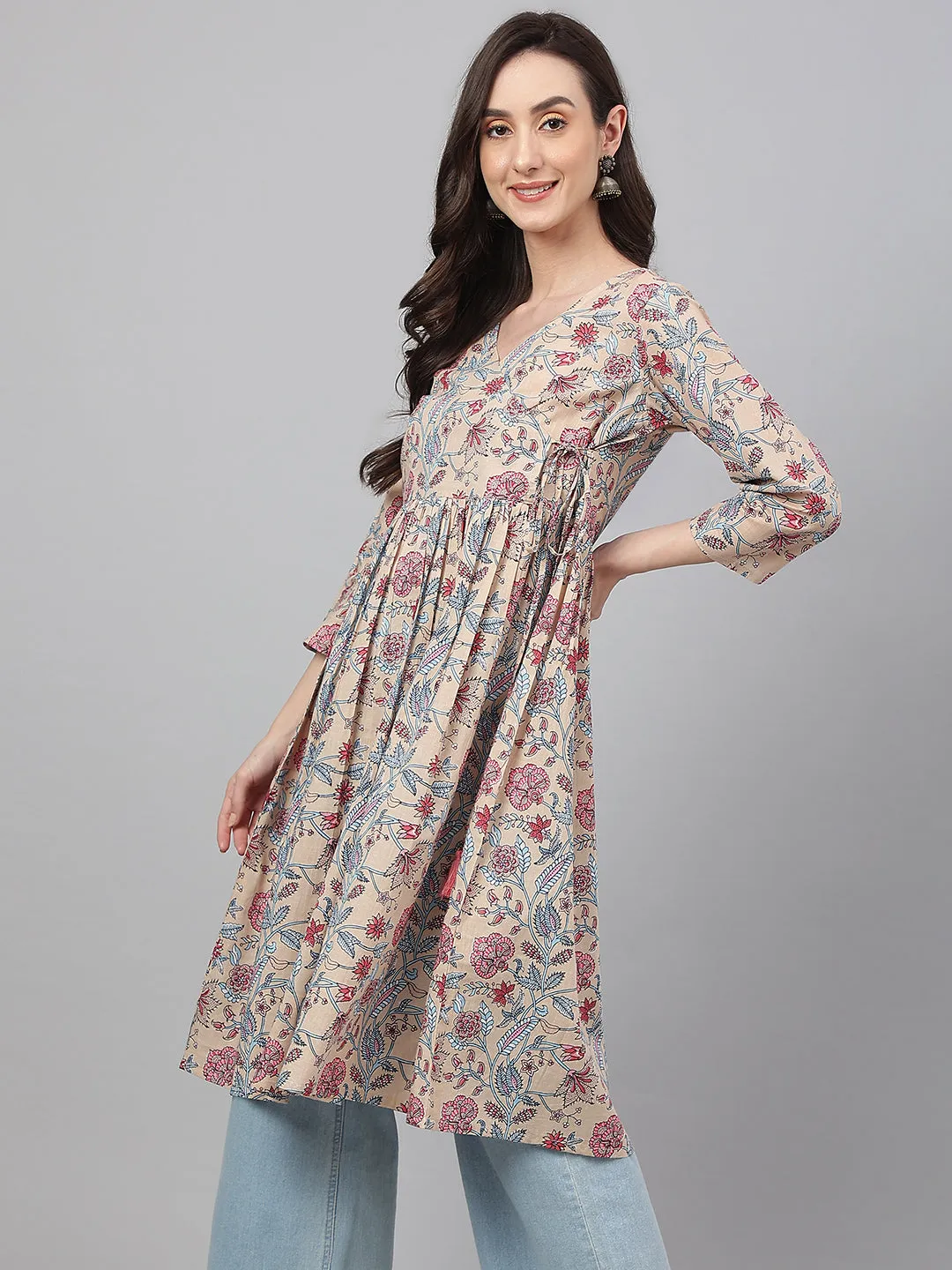 Beige Cotton Floral Print Angrakha Kurta