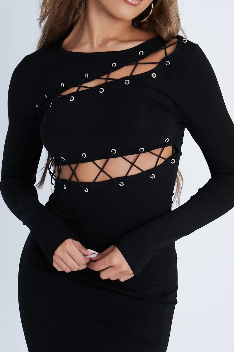 Black Lace Up Detail Mini Dress - Tari