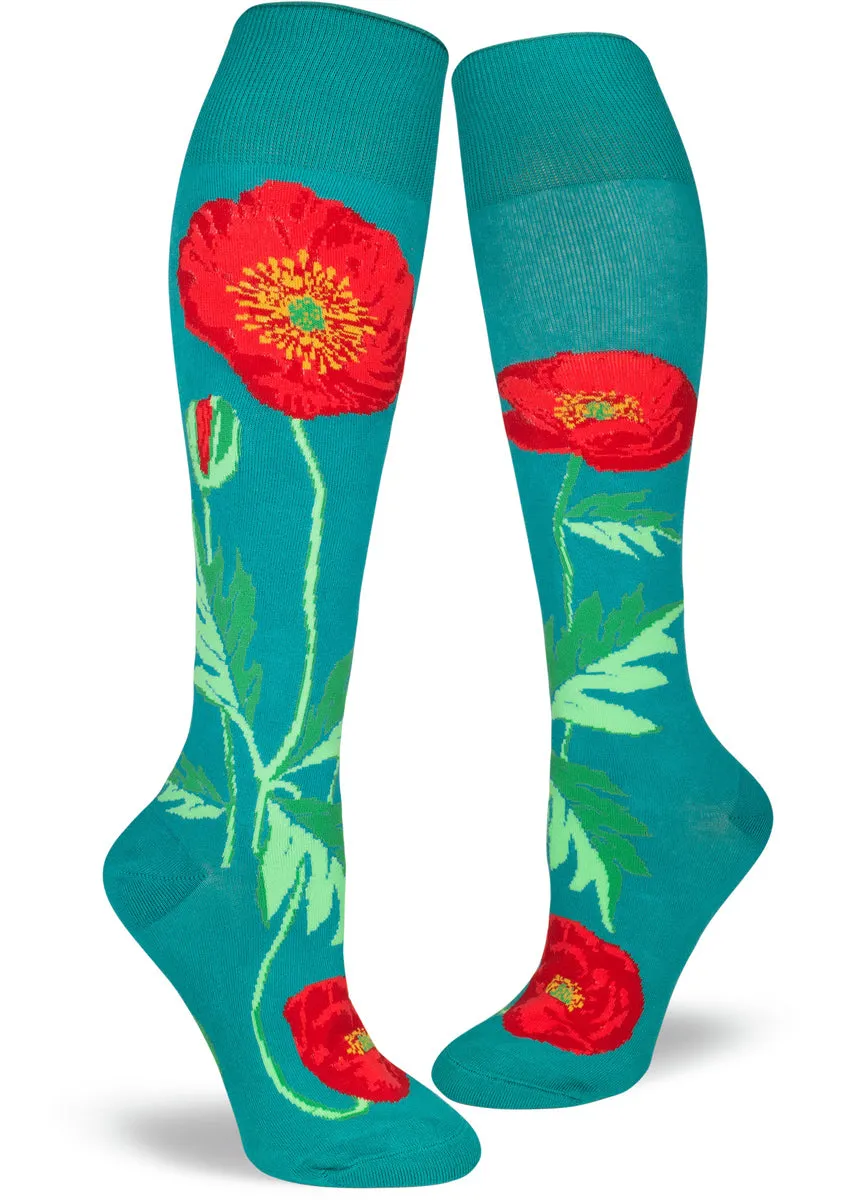 Bold Poppies Roll-Top Knee Socks