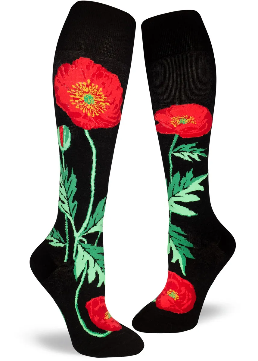 Bold Poppies Roll-Top Knee Socks