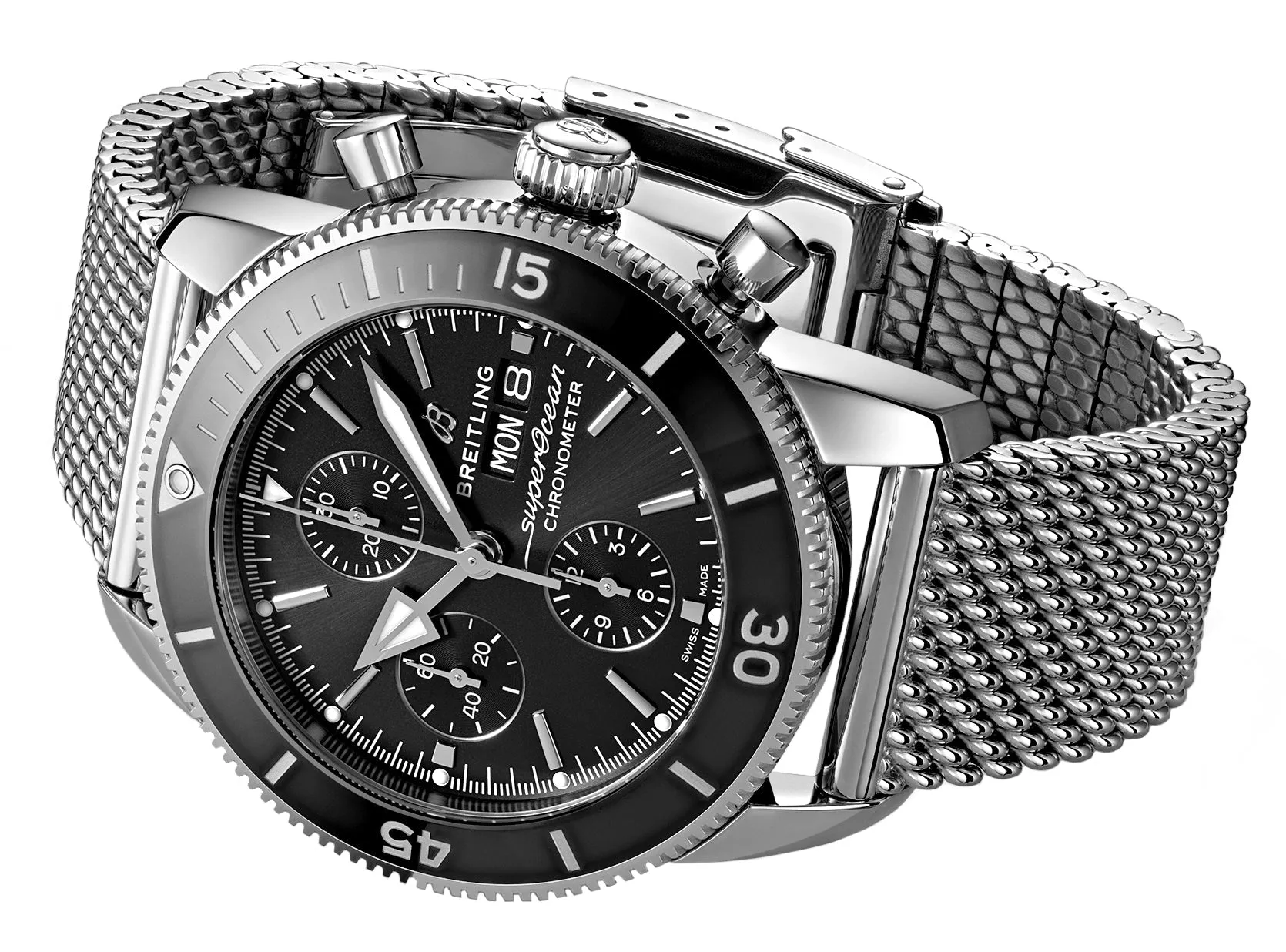 Breitling Superocean Heritage Automatic Chronometer Chronograph Mesh Stainless Steel Black Dial Day/Date Divers Mens Watch Special Edition A13313121B1A1