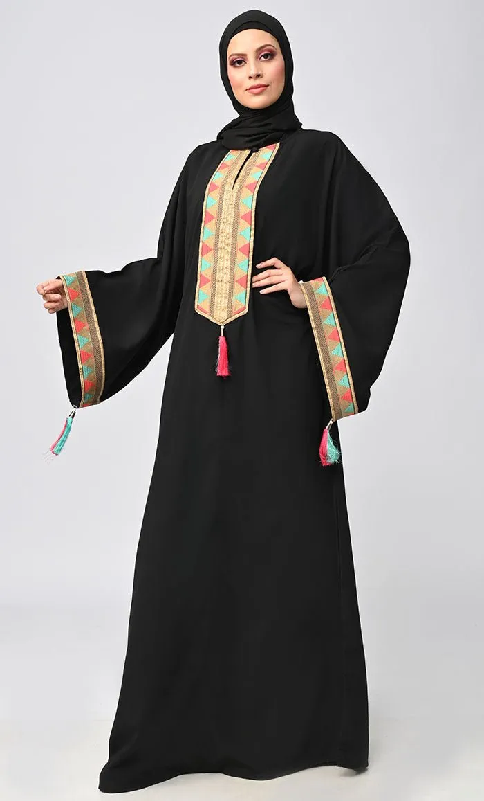 Buy Islamic Lace Detailing Abaya With Tassels