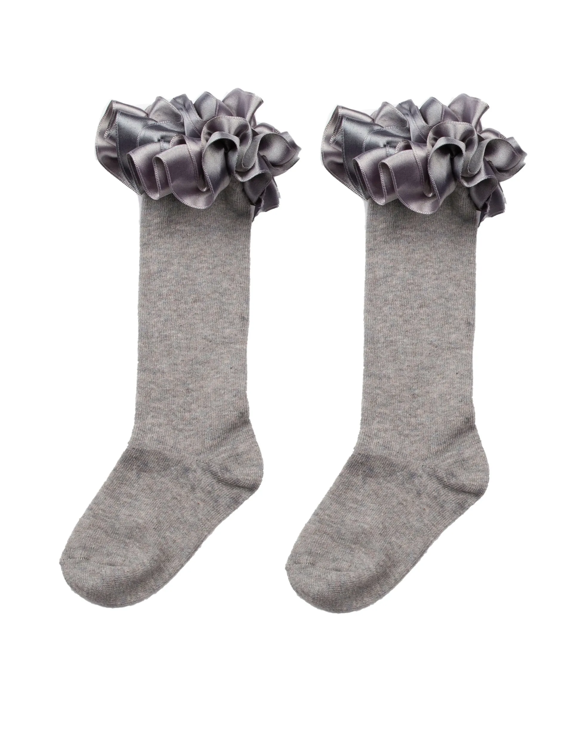 Caramelo Kids Grey Ruffle Ribbon Knee High Socks