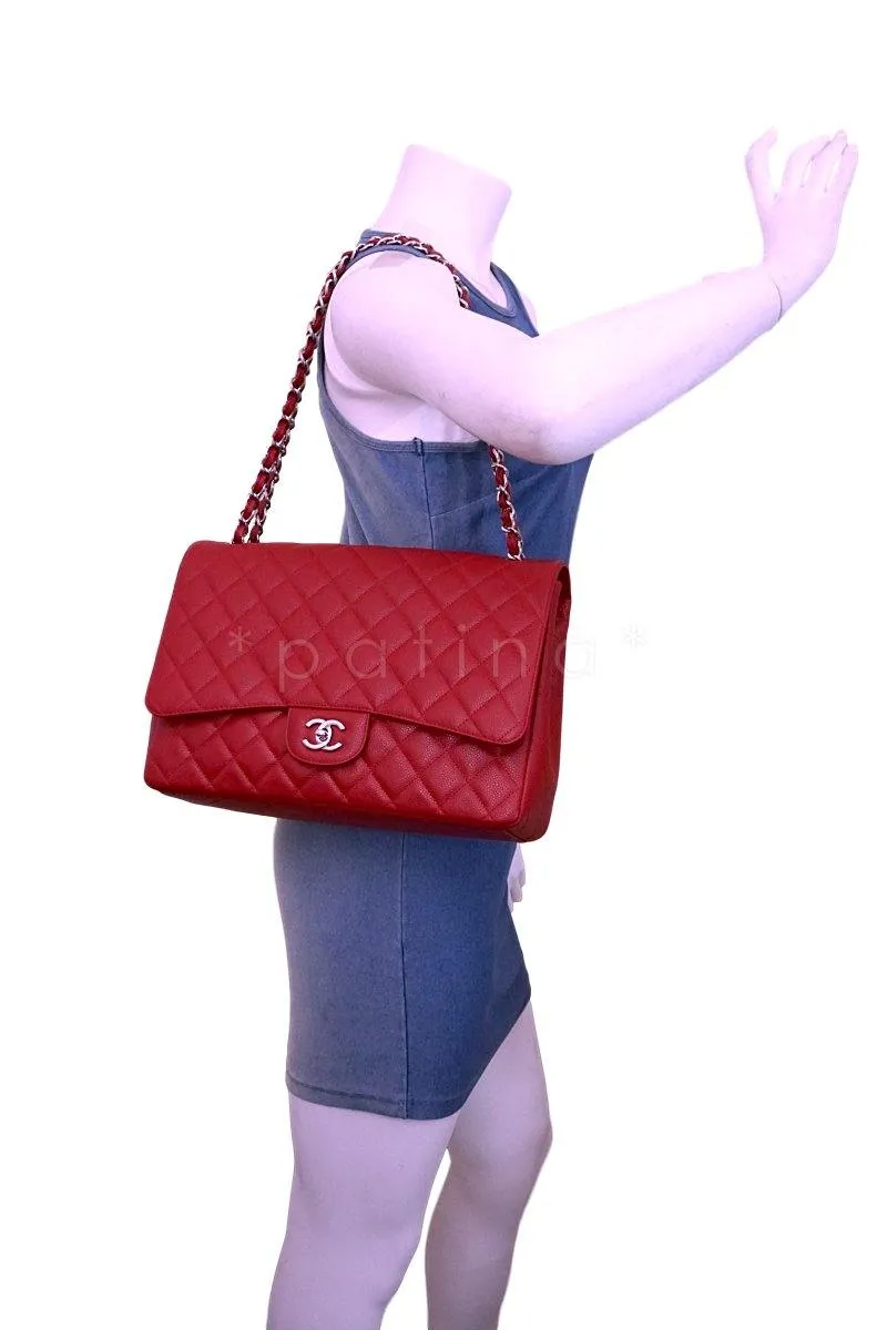 Chanel 10C Red Caviar Maxi Quilted Classic 2.55 Jumbo XL Flap Bag