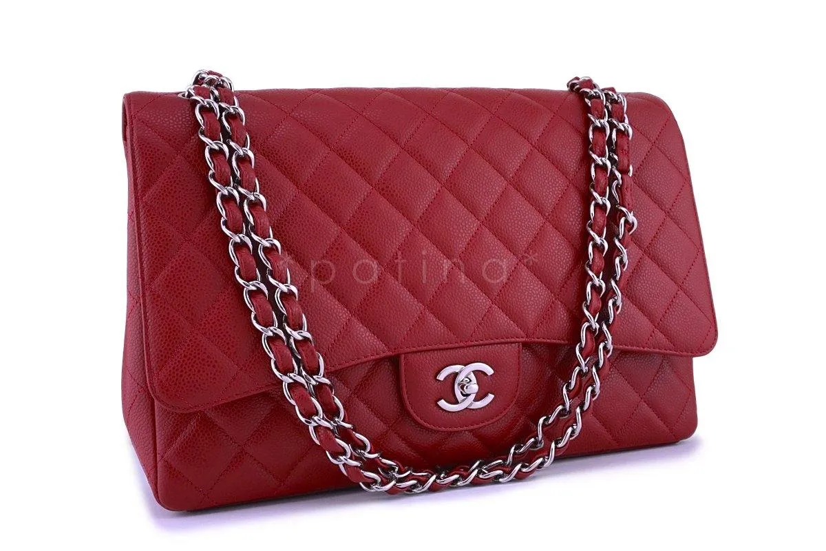 Chanel 10C Red Caviar Maxi Quilted Classic 2.55 Jumbo XL Flap Bag