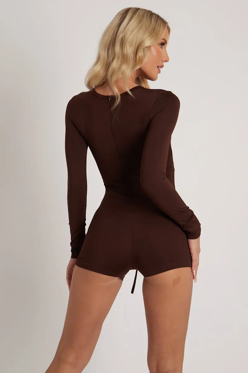 Chocolate Brown Cut Out Drawstring Ruched Playsuit - Ariel