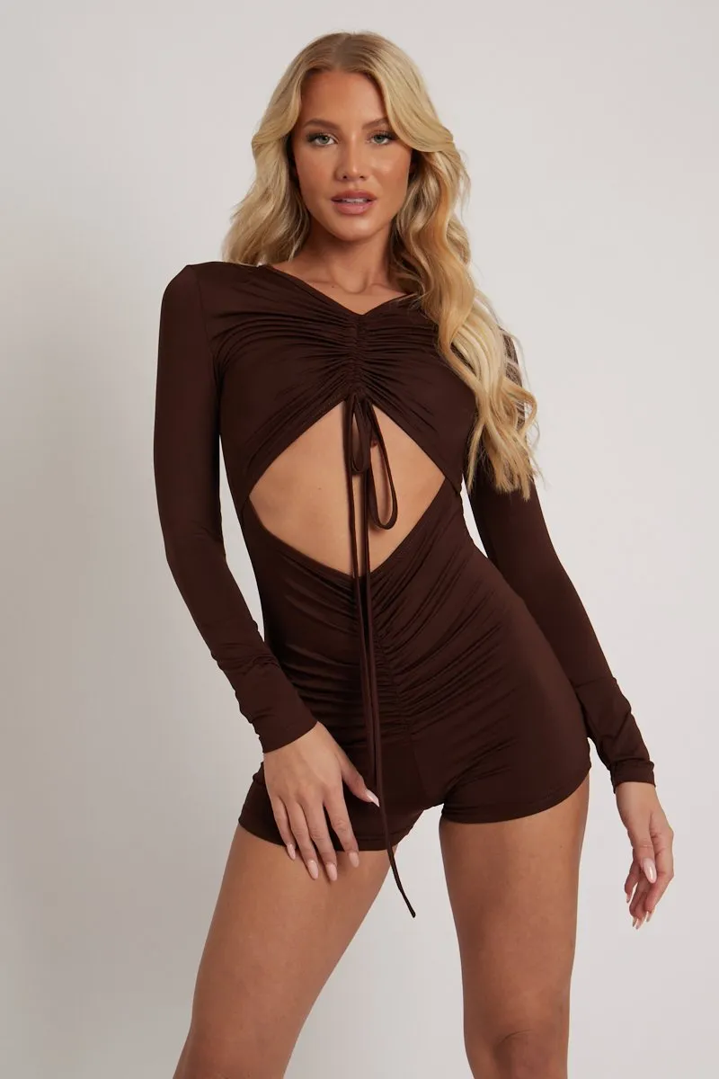 Chocolate Brown Cut Out Drawstring Ruched Playsuit - Ariel