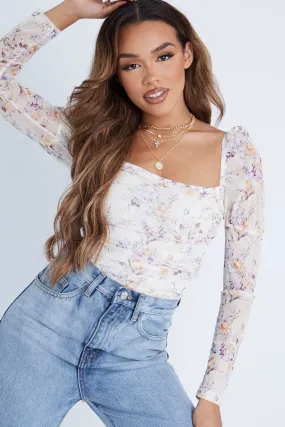 Cream Floral Puff Sleeve Bodysuit - Deana