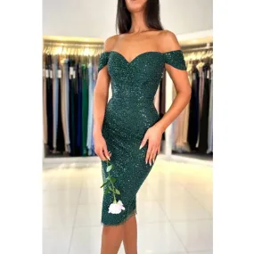 Elegant Off Shoulder Dark Green Mermaid Sequins Knee Length Short Homecoming Dresses Online, HD0681