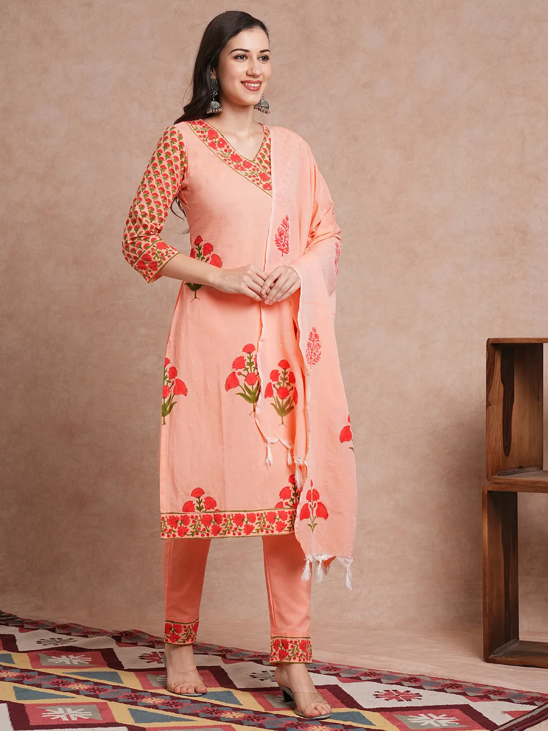 Ethnic Floral Printed Straight Fit Kurta with Pant and Dupatta - Peach