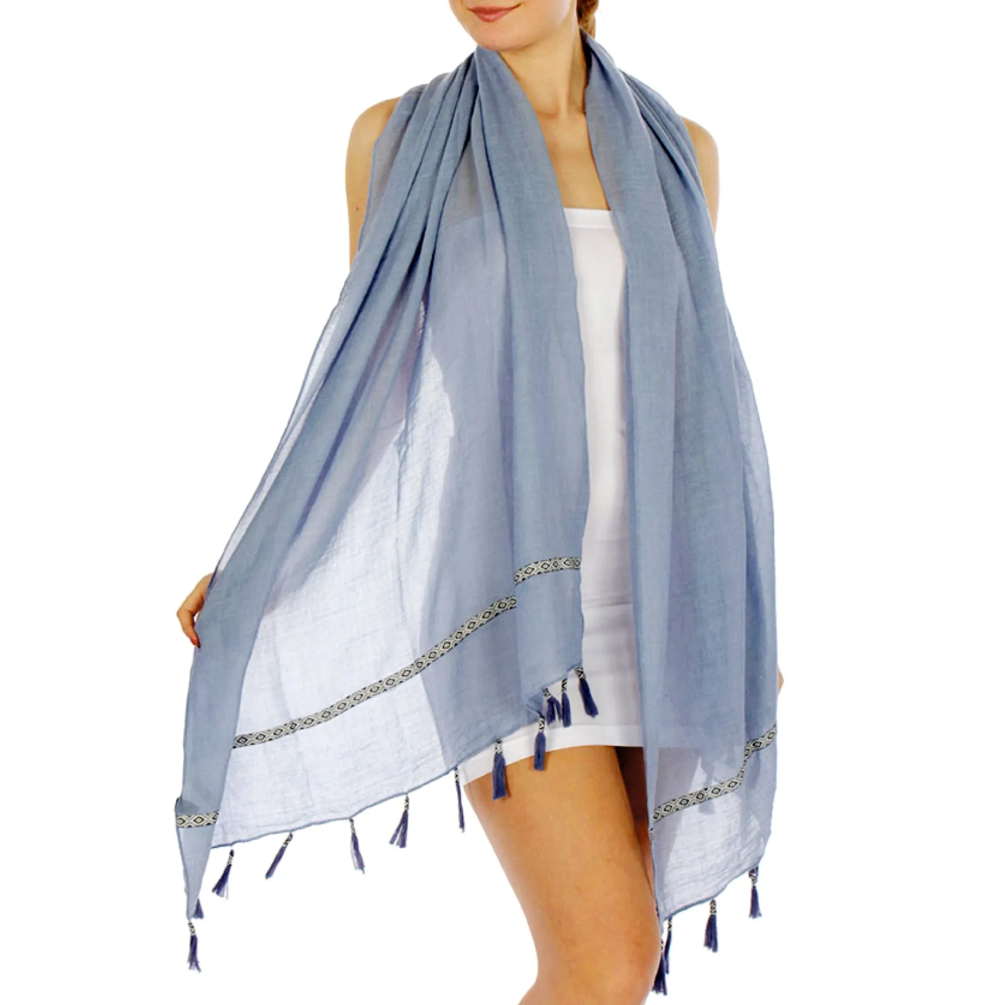 Feria Mode Women's Lightweight  Aztec Insert Trim Tasseled Scarf Shawl Wrap Cover-Up