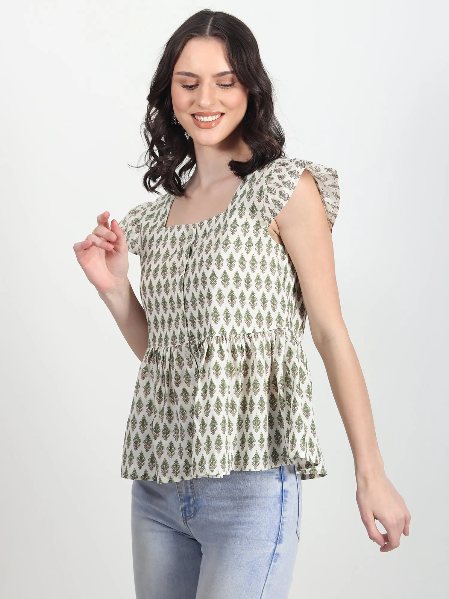 Fiorella Hand Block Printed Green Top