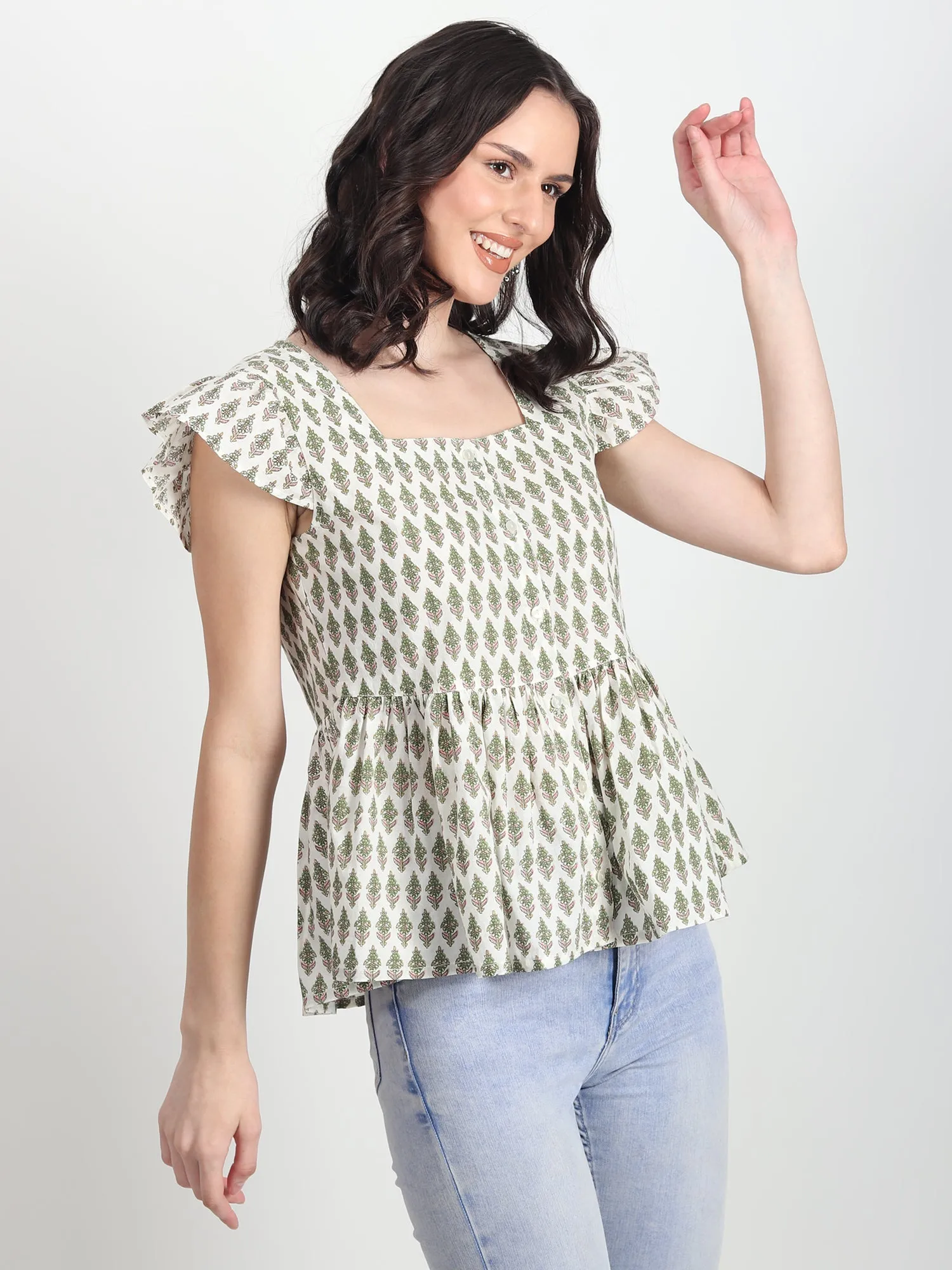 Fiorella Hand Block Printed Green Top