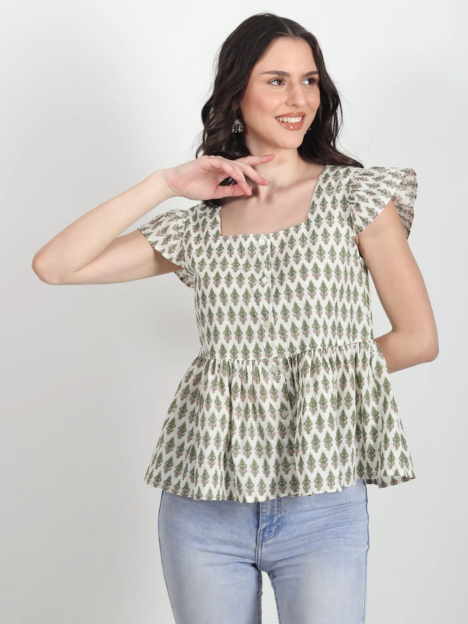 Fiorella Hand Block Printed Green Top