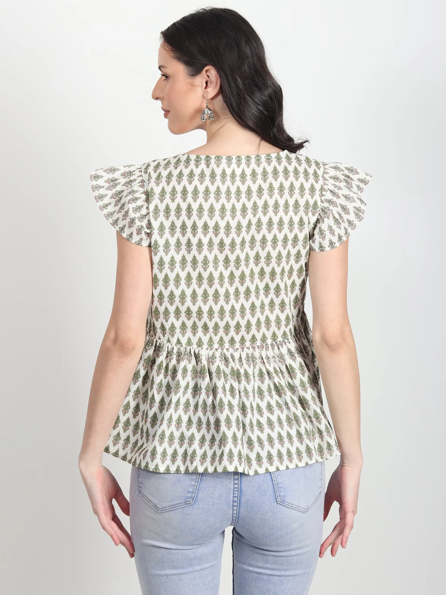 Fiorella Hand Block Printed Green Top