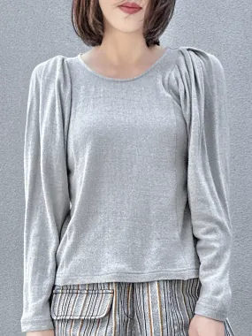 Grey Lurex Round Collar Pleated Shoulder Knit Top