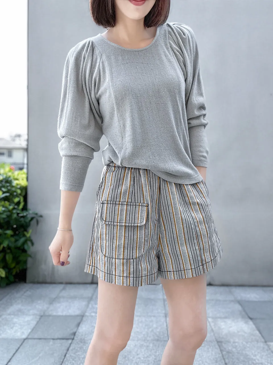 Grey Lurex Round Collar Pleated Shoulder Knit Top