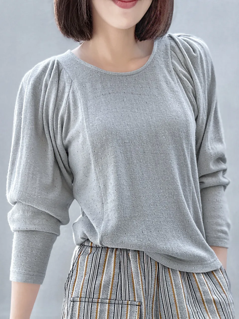 Grey Lurex Round Collar Pleated Shoulder Knit Top