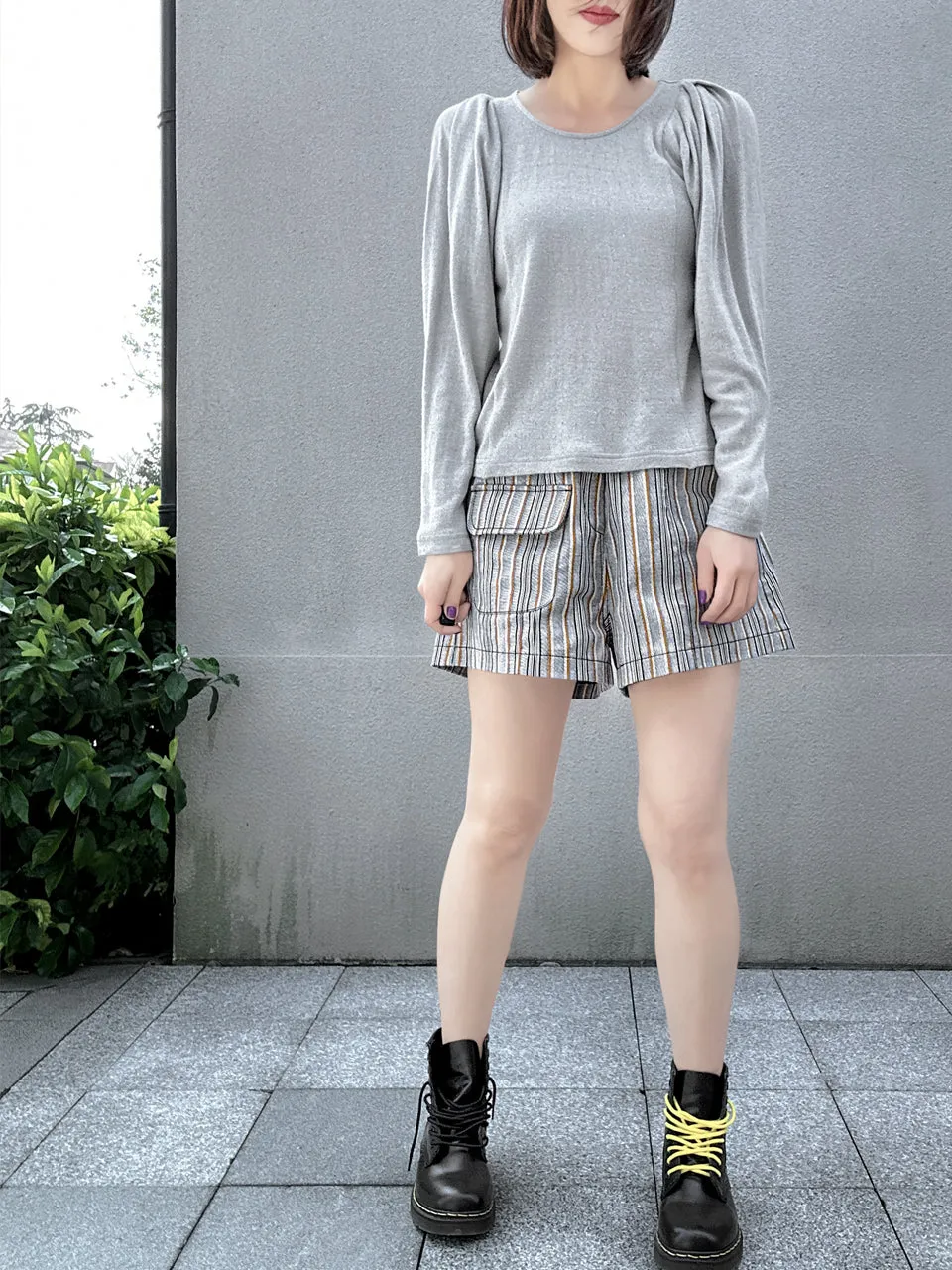 Grey Lurex Round Collar Pleated Shoulder Knit Top