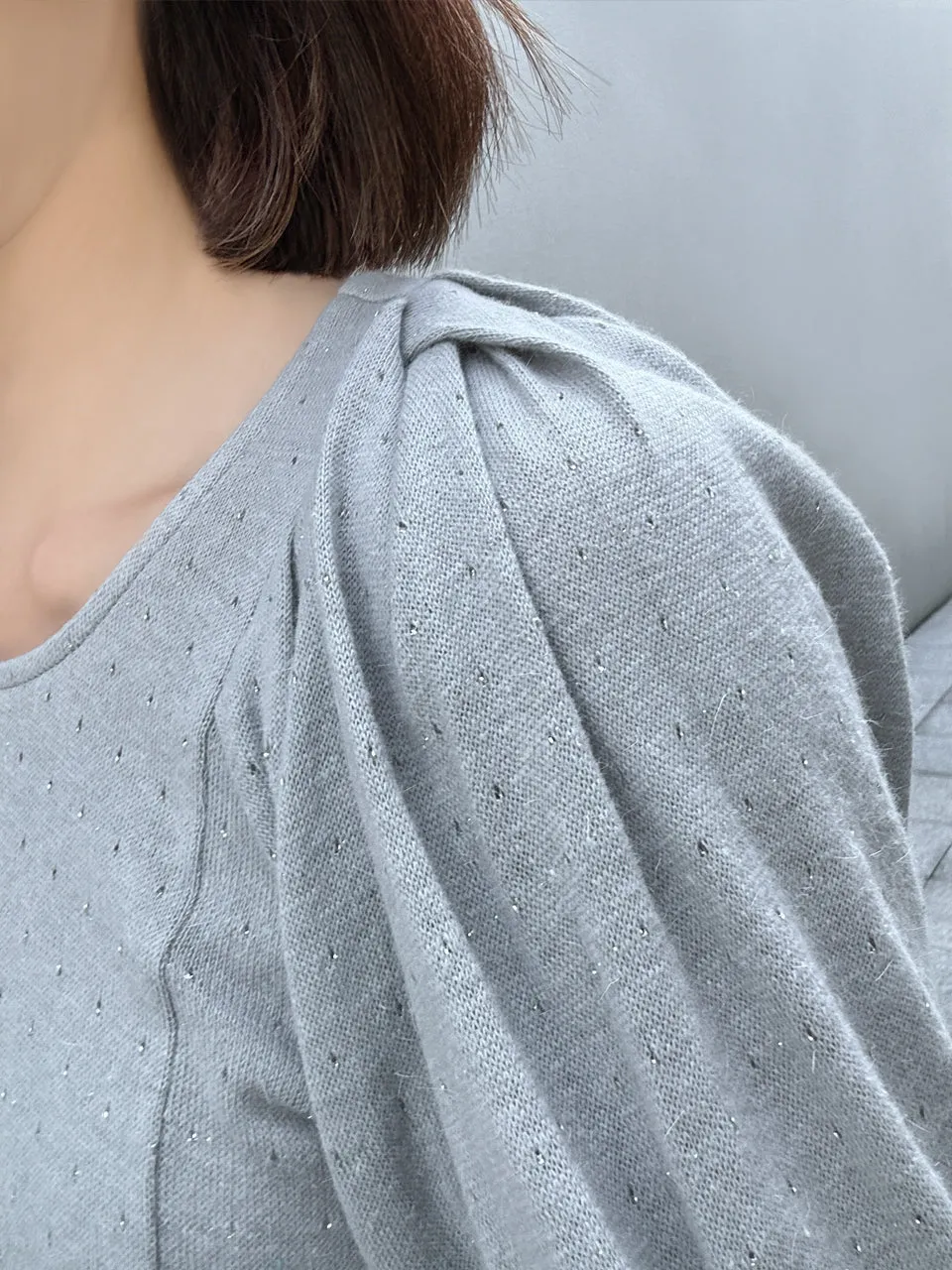 Grey Lurex Round Collar Pleated Shoulder Knit Top