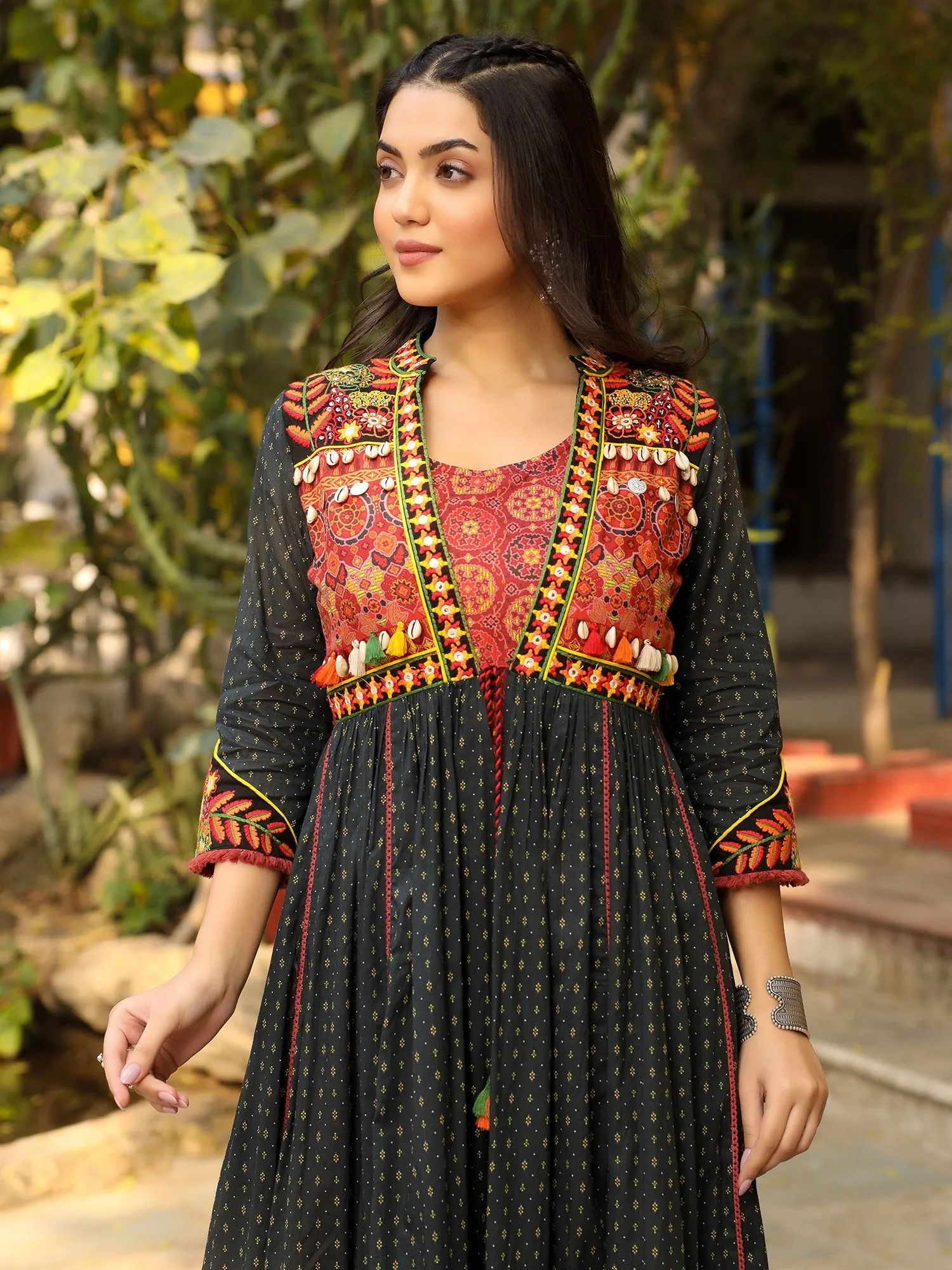 Juniper Black Cotton Ethnic Motif Printed Fit & Flare Layered Maxi Dress With Thread Embroidery & Tassels