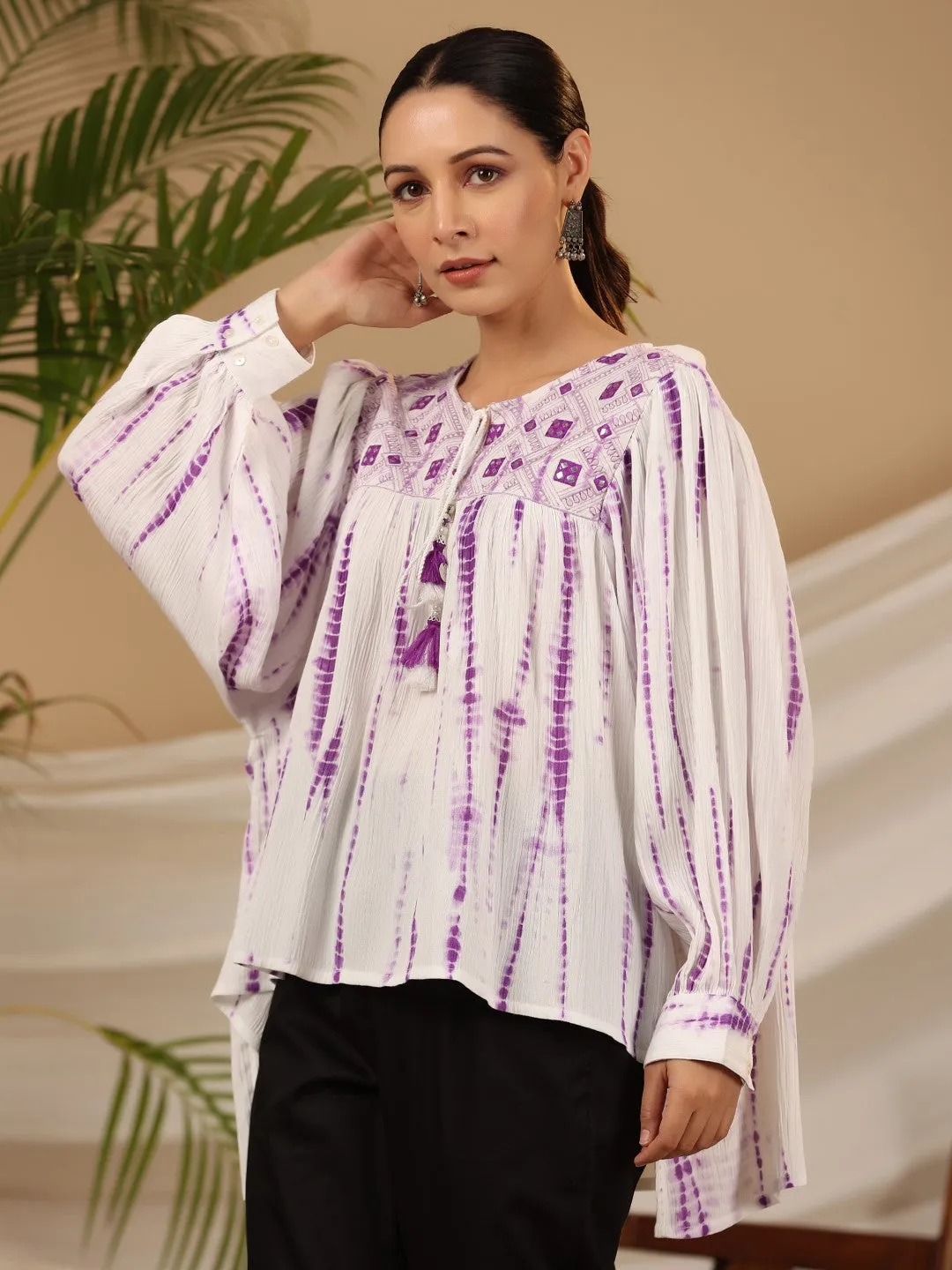 Juniper Lavender Mirror Embroidered Rayon Crepe Tie-Dye Tunic With Tassels