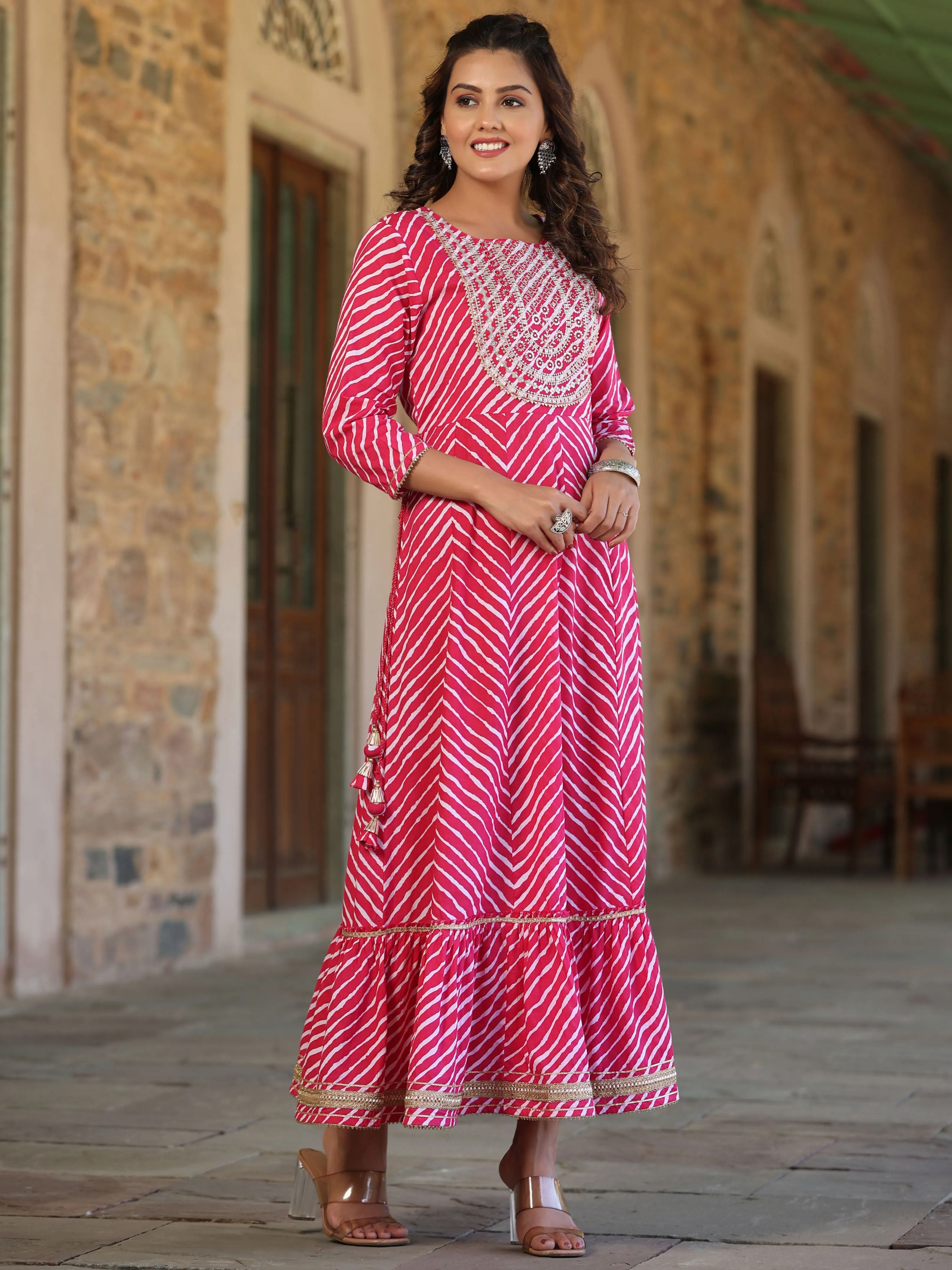 Juniper Pink Cotton Leheriya Printed Anarkali Dress With Embroidered Yoke & Dori Tie-Up At Waist