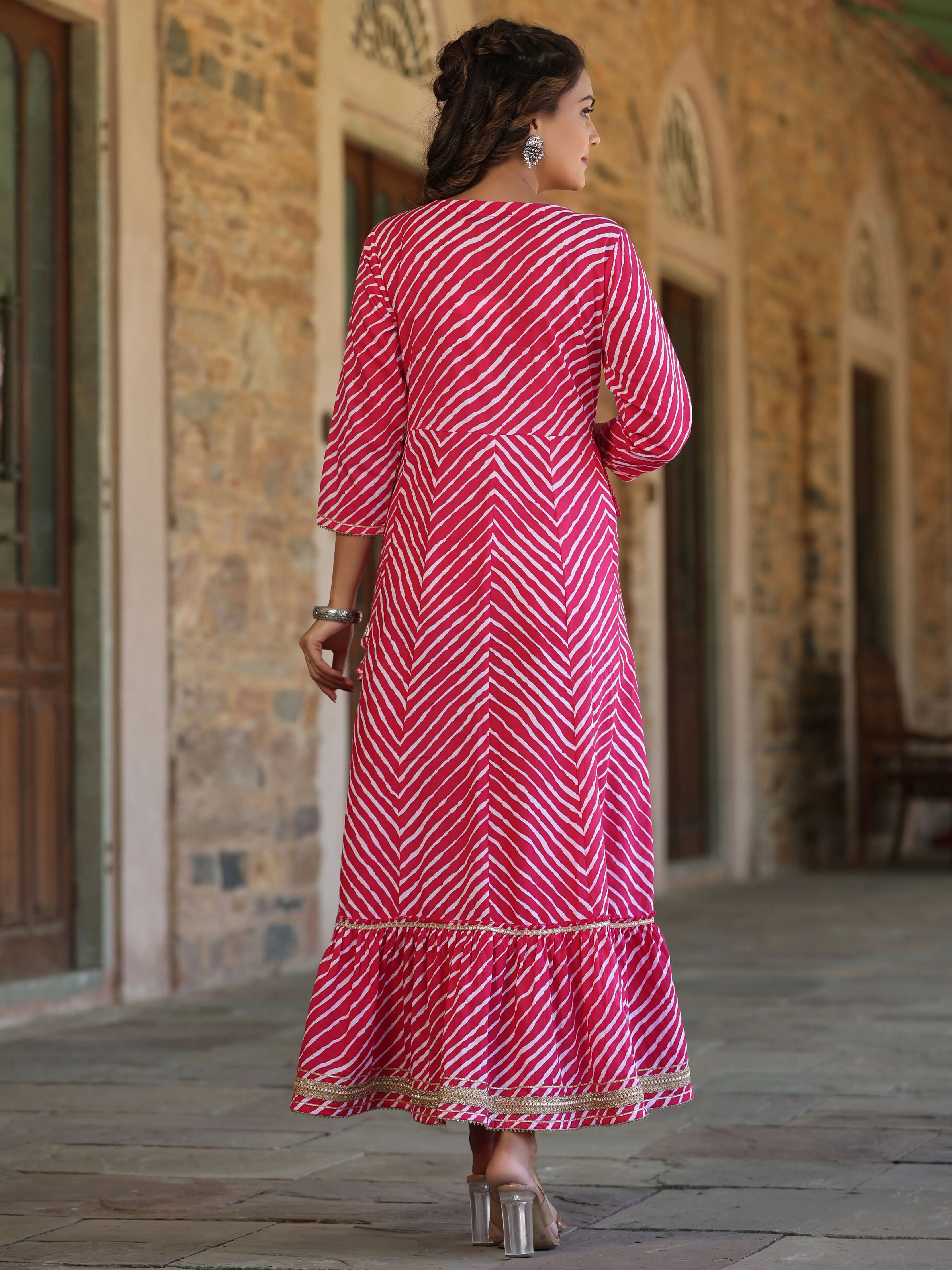 Juniper Pink Cotton Leheriya Printed Anarkali Dress With Embroidered Yoke & Dori Tie-Up At Waist