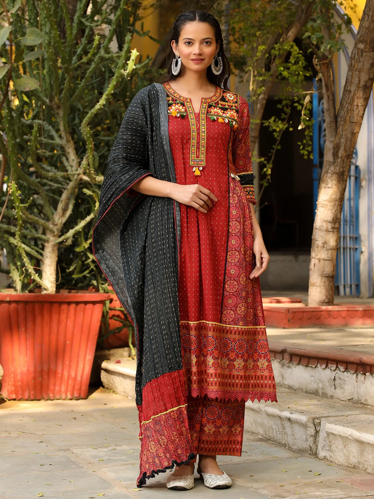 Juniper Rust Ethnic Motif Printed Cotton Kurta with Pant & Dupatta with Thread Embroidery Kaudi &Tassel