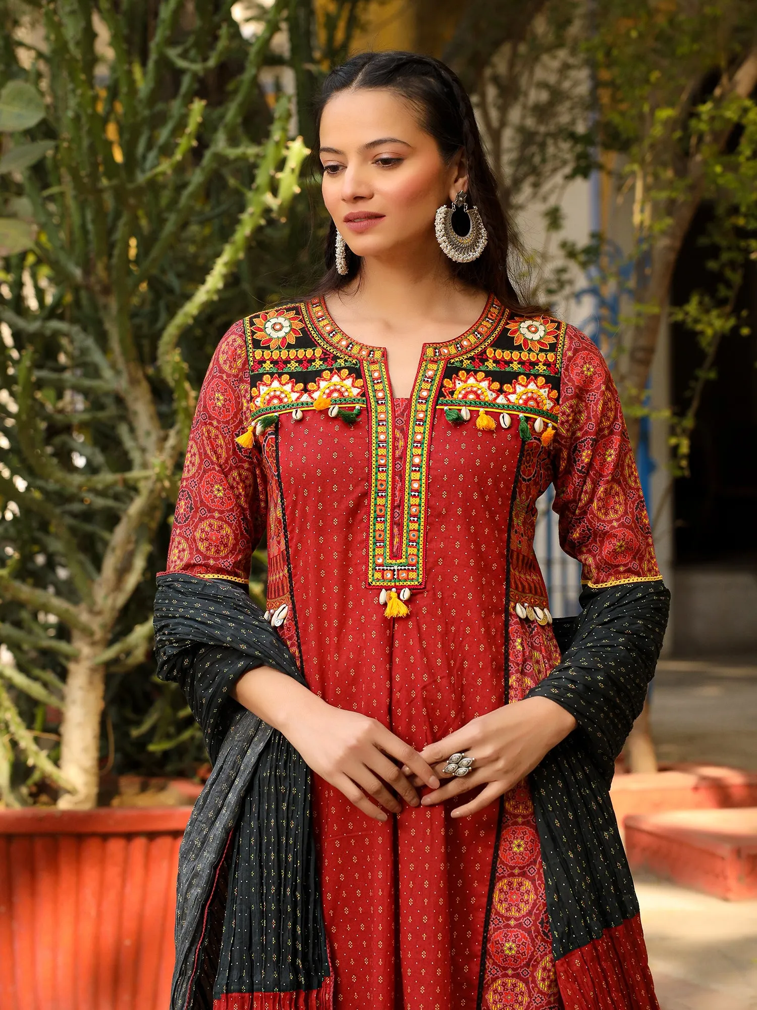 Juniper Rust Ethnic Motif Printed Cotton Kurta with Pant & Dupatta with Thread Embroidery Kaudi &Tassel