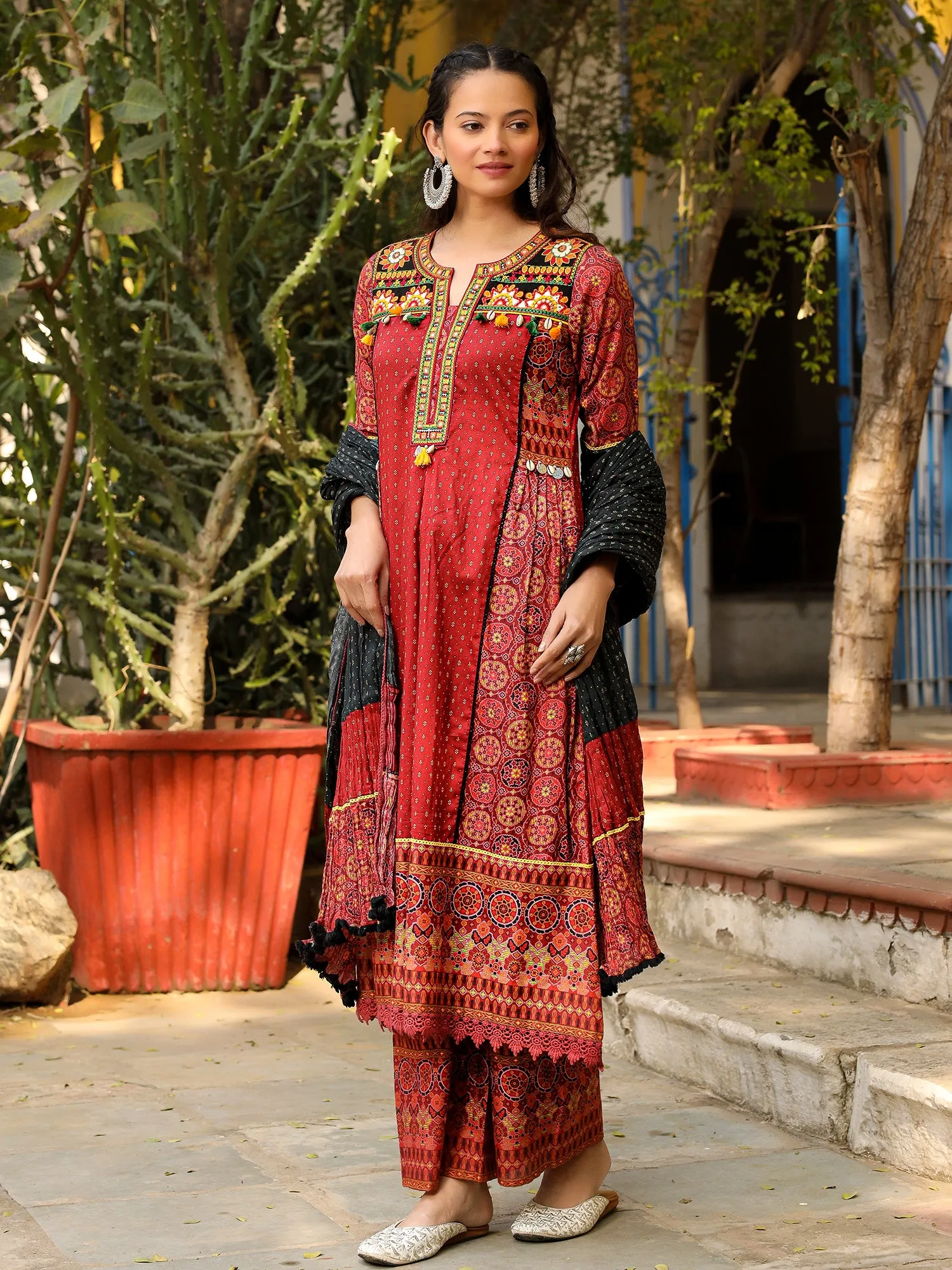 Juniper Rust Ethnic Motif Printed Cotton Kurta with Pant & Dupatta with Thread Embroidery Kaudi &Tassel