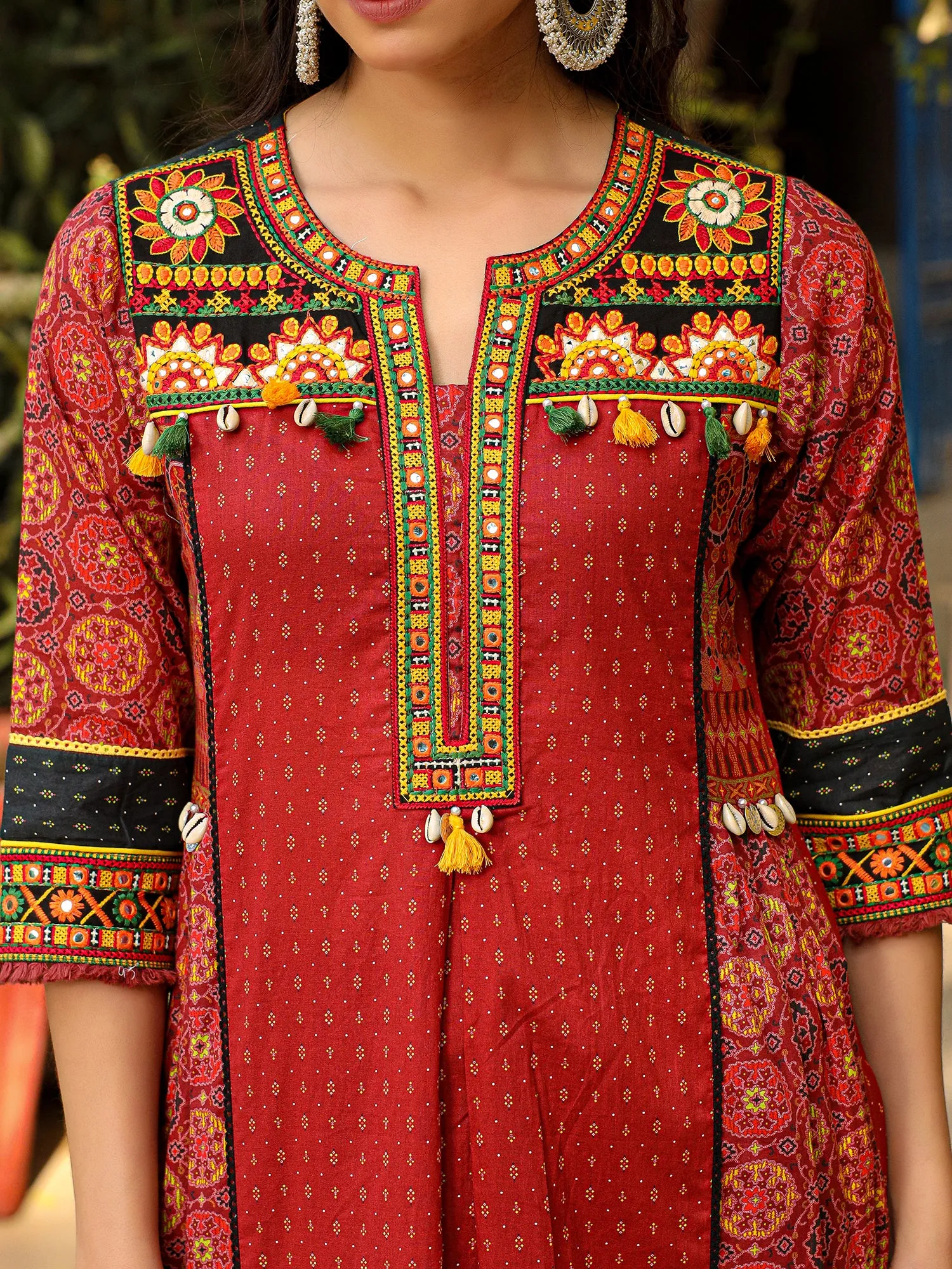 Juniper Rust Ethnic Motif Printed Cotton Kurta with Pant & Dupatta with Thread Embroidery Kaudi &Tassel