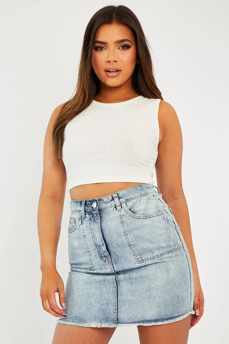 Light Blue Front Pocket Frayed Hem Denim Skirt - Elita