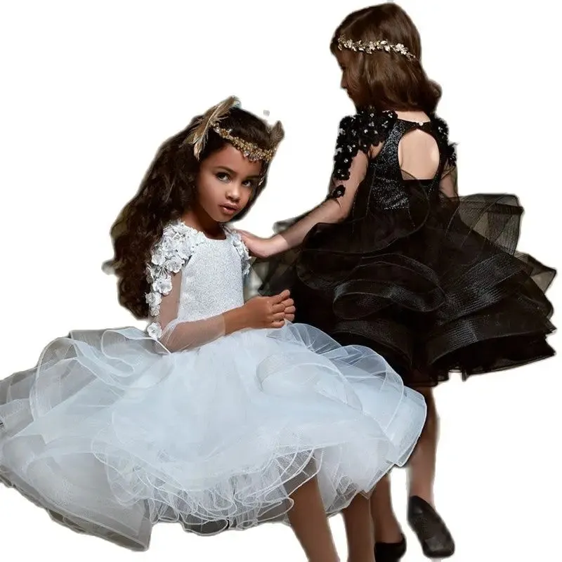 Long Sleeve Sequin Flower Girl Dress with 3D Floral Appliques - Jewel Neck, Tulle, Knee-Length Party & Pageant Gown