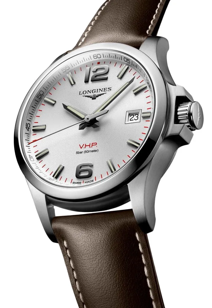 Longines Conquest V.H.P. Stainless Steel Silver Dial Brown Leather Strap Perpetual Calendar Date Quartz Mens Watch L3.716.4.76.5