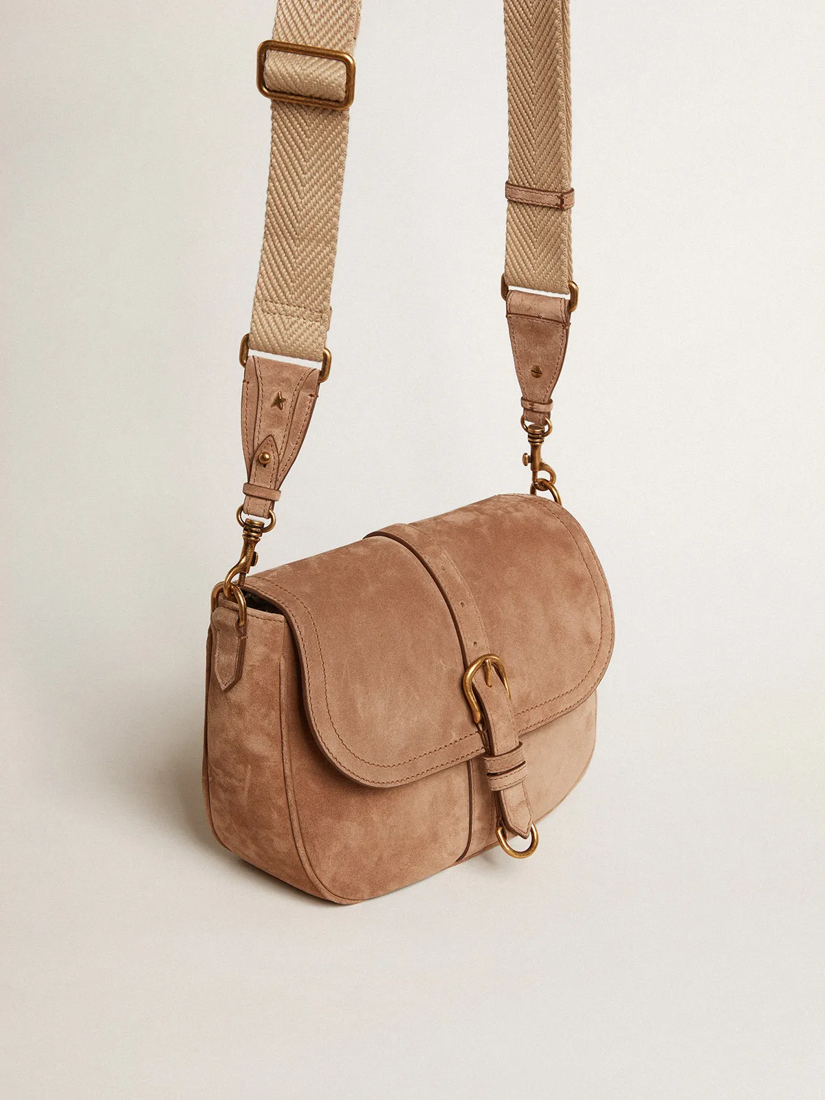 Medium Sally Bag in ash-colored suede with contrasting buckle and shoulder strap