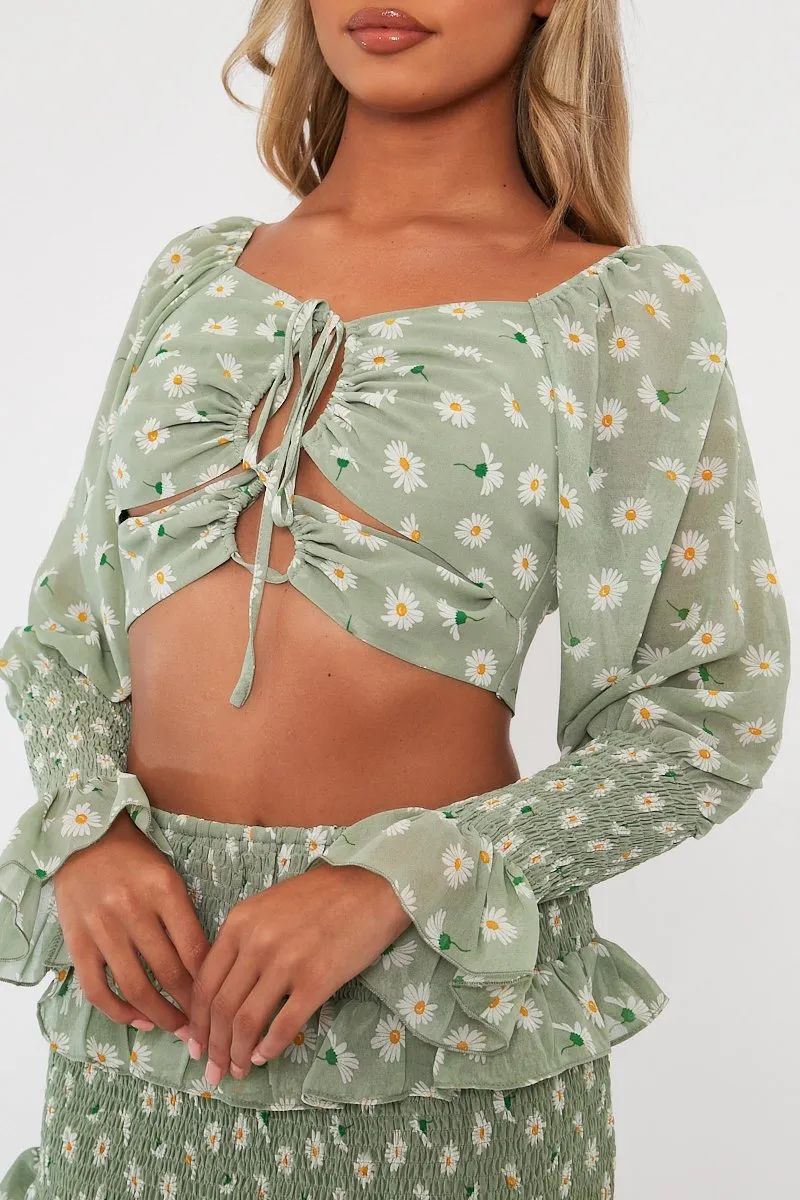 Mint Floral Print Lace Up Crop Top   Shirred Skirt Set - Adelei