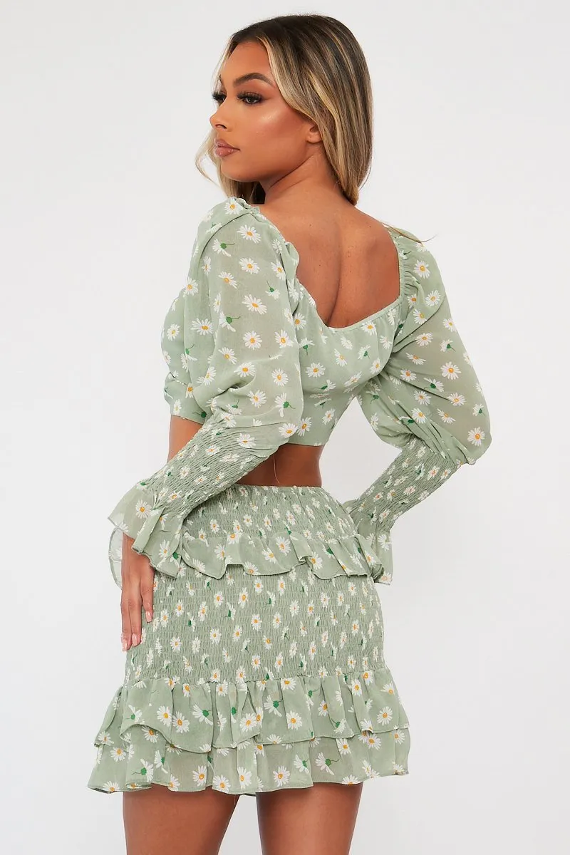 Mint Floral Print Lace Up Crop Top   Shirred Skirt Set - Adelei